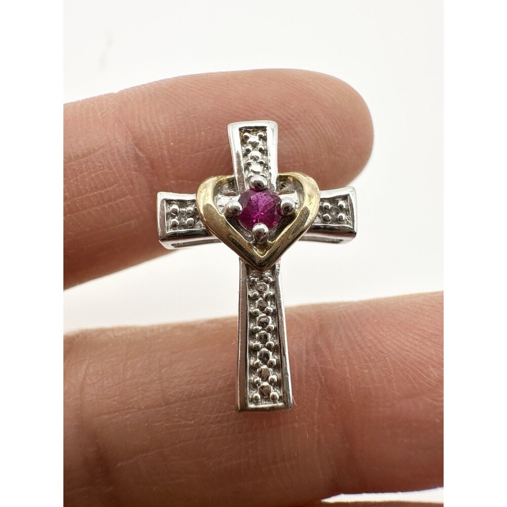 925 Sterling Silver Gold Plated Diamond Ruby Cross Pendant